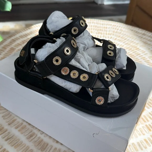 $345 Maje Stylish Black Sandals with Gold Accents Sz 36 - Picture 3 of 6